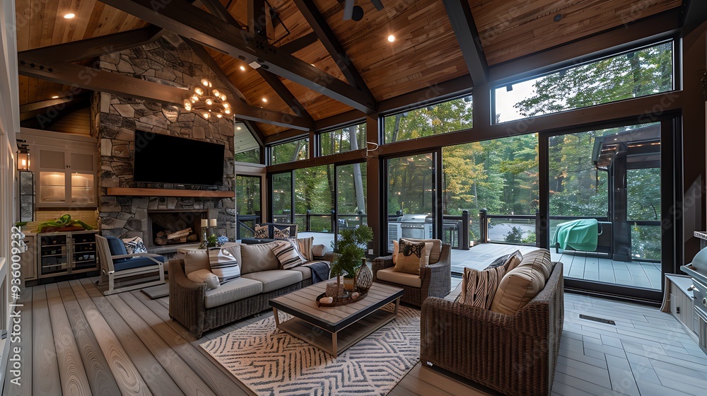 Covered deck with a vaulted ceiling, exposed beams, and retractable glass walls for year-round use