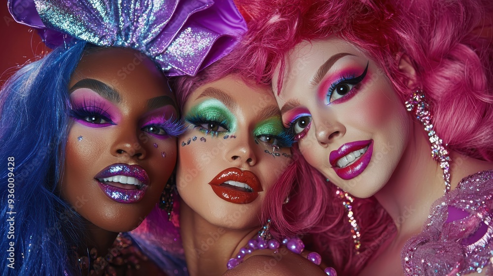 Fototapeta premium Friends with drag queen's make-up by pick background