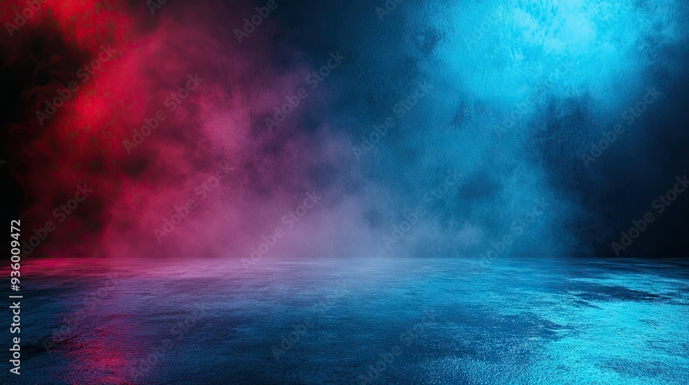 Empty space of Studio dark room with fog or mist and lighting effect red and blue on concrete floor grunge texture background. - Empty space of Studio dark room with fog or mist and lighting effect red and blue on concrete floor grunge texture background. -