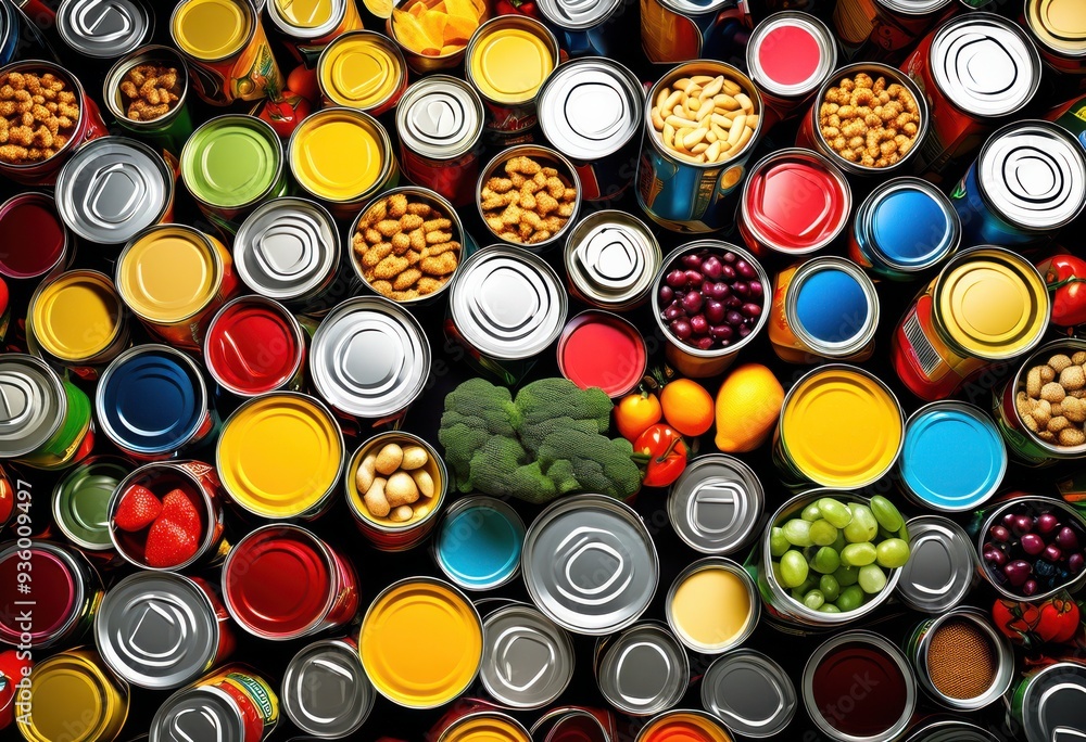 colorful canned food arrangements featuring diverse textures varied shapes vibrant display, colors, variety, design, composition, shiny, packaging, container colorful canned food arrangements featuring diverse textures varied shapes vibrant display, colors, variety, design, composition, shiny, packaging, container