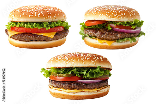 Hamburger with beef burger on white isolated background, delicious food concept.