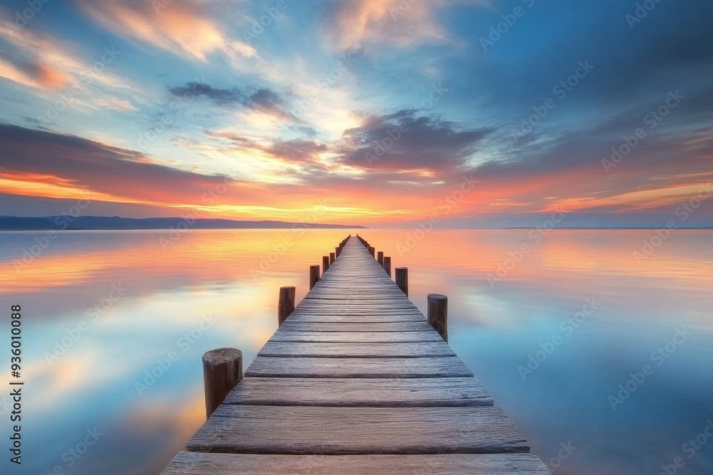Tranquil pier at sunset with beautiful reflections. The sky is painted in vibrant hues. A perfect escape into nature. Ideal for relaxation and inspiration. Generative AI Tranquil pier at sunset with beautiful reflections. The sky is painted in vibrant hues. A perfect escape into nature. Ideal for relaxation and inspiration. Generative AI