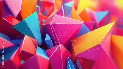 Energetic 3D design featuring vibrant polygonal shapes moving in a dynamic pattern. -