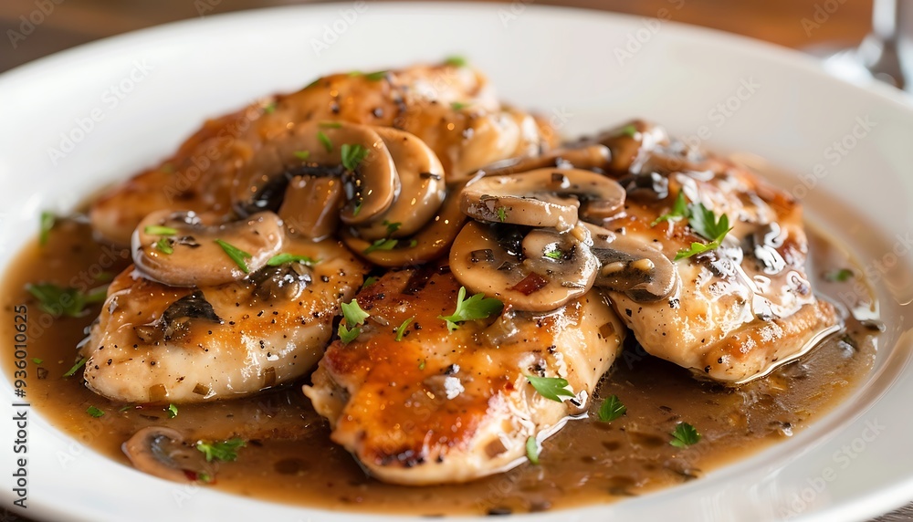 Chicken breast with mushrooms and parsley on a white plate Chicken breast with mushrooms and parsley on a white plate