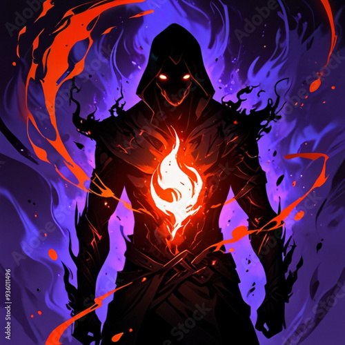 background with fire A dark, shadowy figure emerges from swirling purple flames