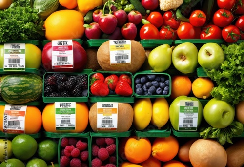 Fototapeta Naklejka Na Ścianę i Meble -  bright colorful food safety labels displayed fresh fruits vegetables ensure quality freshness, produce, packaging, design, graphics, sticker, information