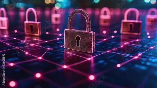 A digital image showcasing a blockchain network with 3D paper elements, featuring interconnected data blocks and a padlock icon. 