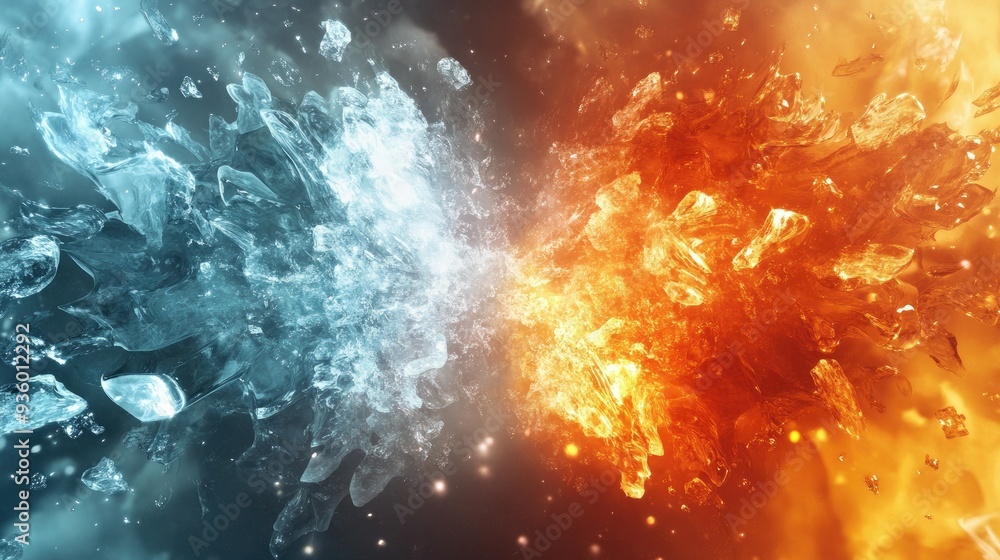 Fototapeta premium Fire and ice slices explosion -