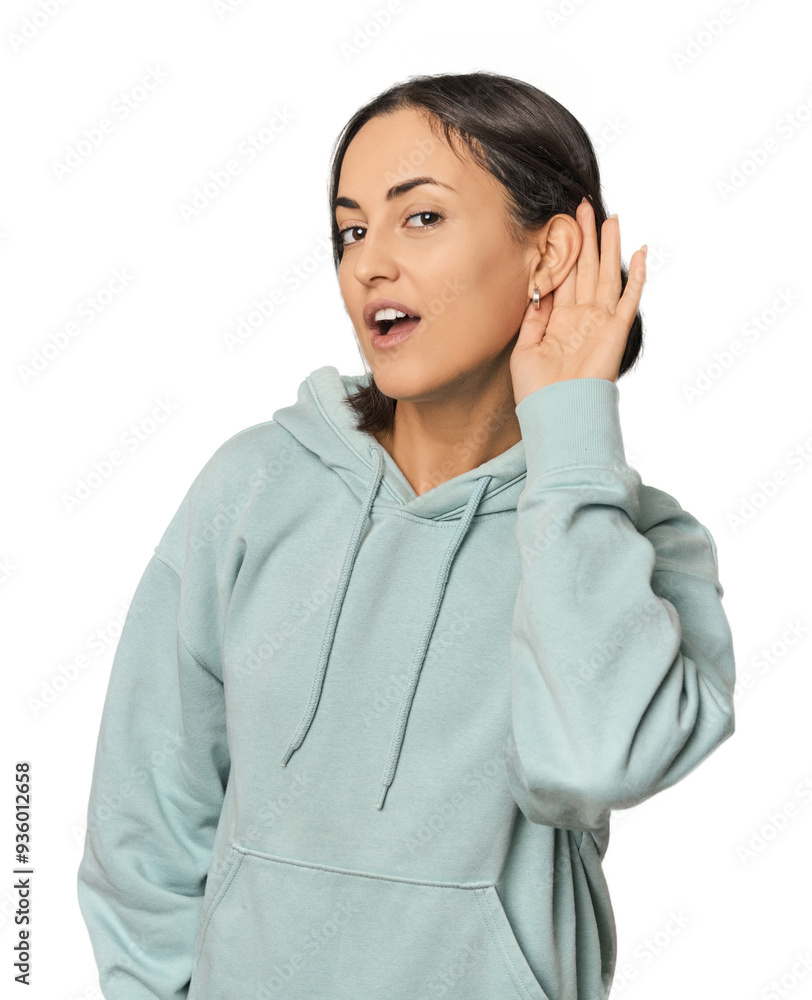 Young Caucasian woman with short hair trying to listening a gossip. Young Caucasian woman with short hair trying to listening a gossip.