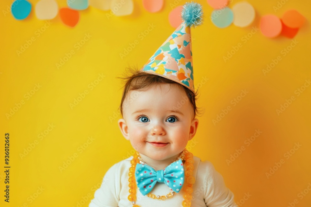 Creative concept. baby wearing party cone hat Creative concept. baby wearing party cone hat