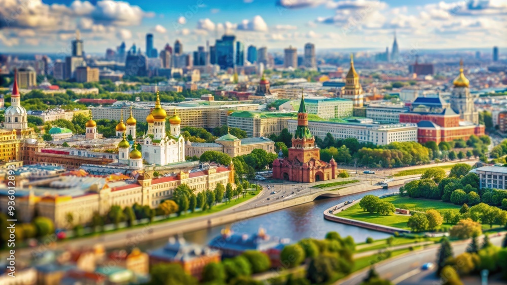 Naklejka premium Aerial view of Moscow with tilt-shift effect, Moscow, Russia, architecture, buildings, cityscape, skyline, aerial view