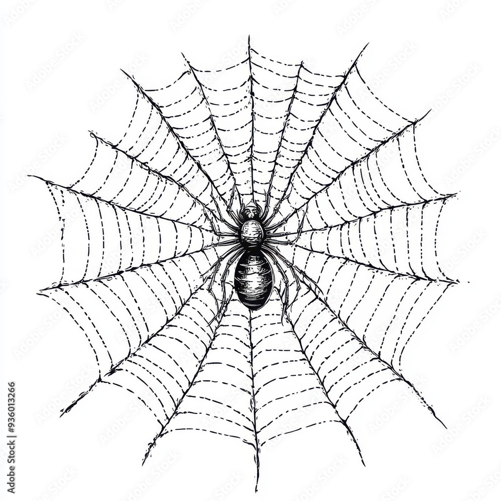 Fototapeta premium Black and white Vintage engraved art of an intricate spider web, isolated on white background, ink sketch illustration, simple vector art design, highly detailed line art, high contrasty 