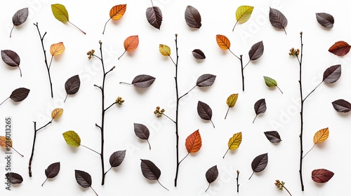 Colorful autumn leaves and branches are artfully arranged on a clean white background, creating a minimalistic flat lay design perfect for seasonal decoration or invitations photo