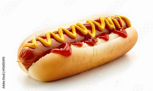 Delicious hot dog with ketchup and mustard, isolated on white background. 