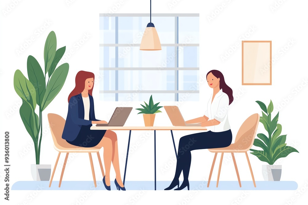 Two women working in a modern office space, collaborating with laptops and surrounded by greenery for a productive atmosphere. Two women working in a modern office space, collaborating with laptops and surrounded by greenery for a productive atmosphere.