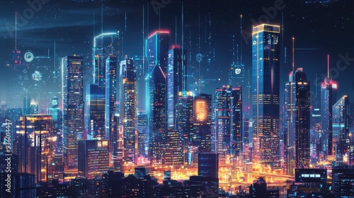 Wallpaper Mural A bustling cityscape at night, illuminated by smart streetlights, with skyscrapers showcasing advanced energy-efficient designs and a network of IoT devices controlling traffic and public Torontodigital.ca