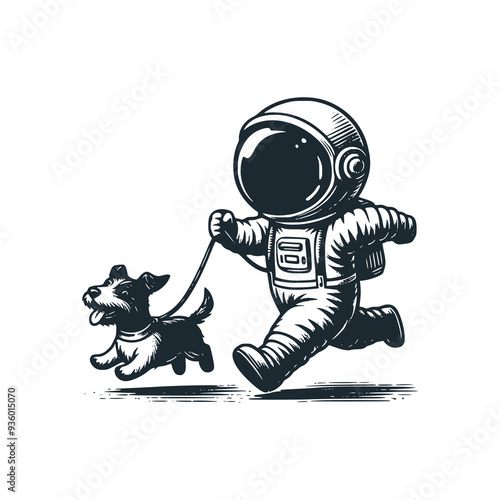 Cute astronaut playing with his dog. Black white vector icon and logo illustration.