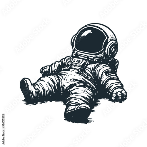 Cute astronaut a sprawled and sleeping. Black white vector icon and logo illustration.