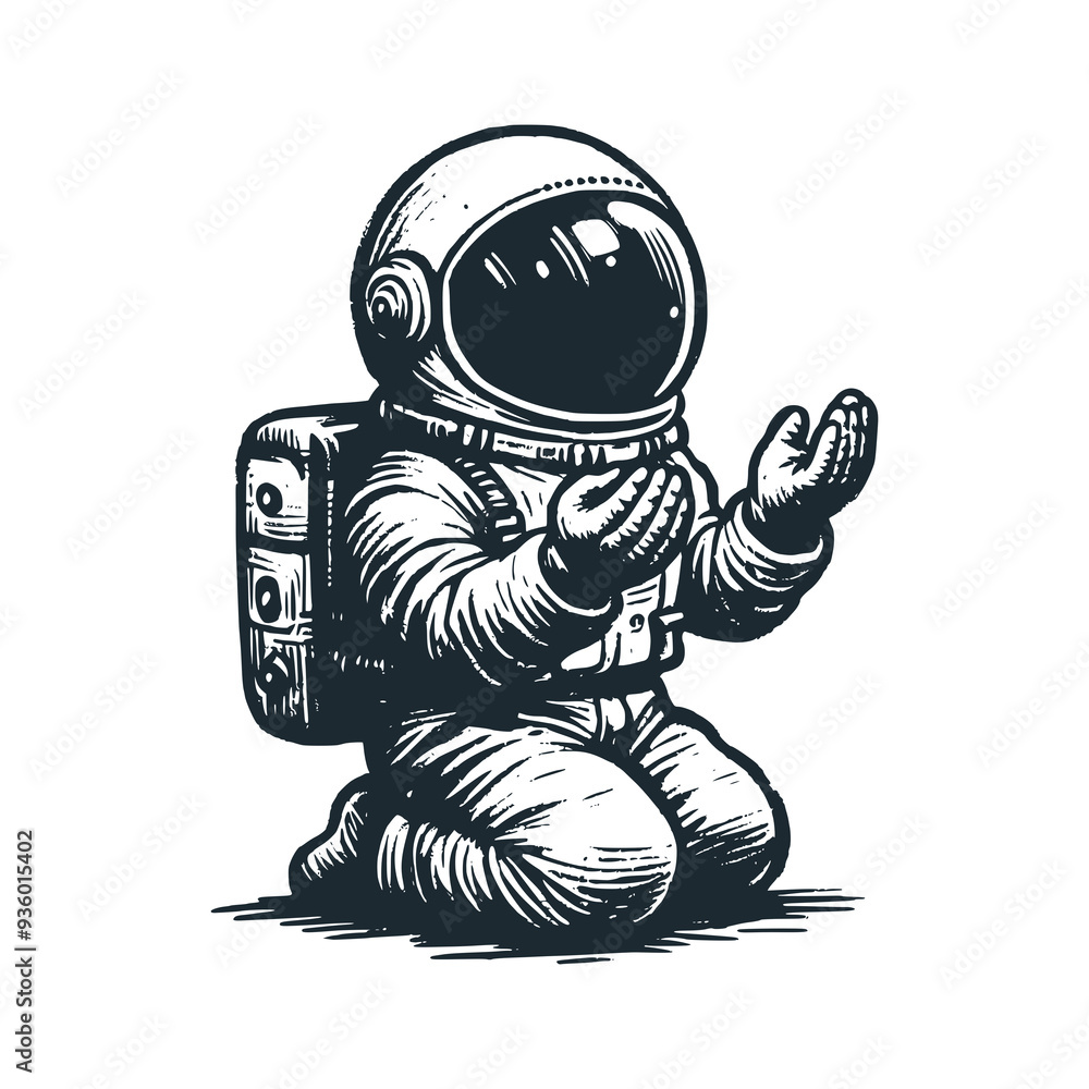 Cute astronaut praying with muslim pray style . Black white vector icon and logo illustration. Cute astronaut praying with muslim pray style . Black white vector icon and logo illustration.