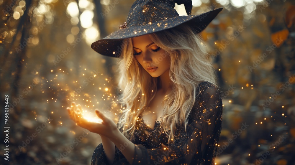 A beautiful witch casting glowing magic in the forest. A beautiful witch casting glowing magic in the forest.