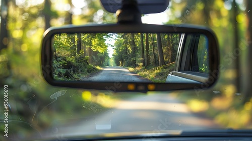 Rearview mirror showing the road behind with the rearview camera display visible on the dashboard.