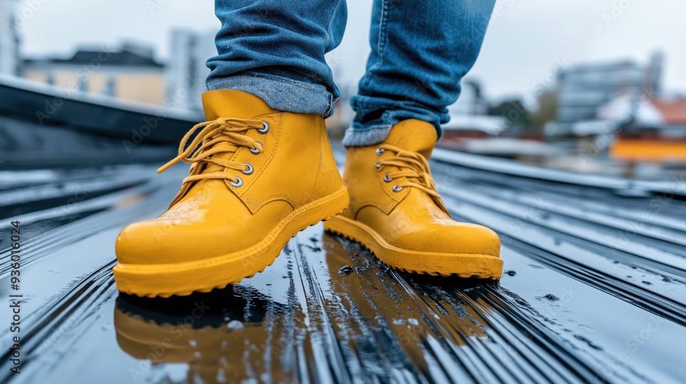 Close-up of a person wearing yellow boots and blue jeans, standing on a wet metal surface in an urban setting. Close-up of a person wearing yellow boots and blue jeans, standing on a wet metal surface in an urban setting.
