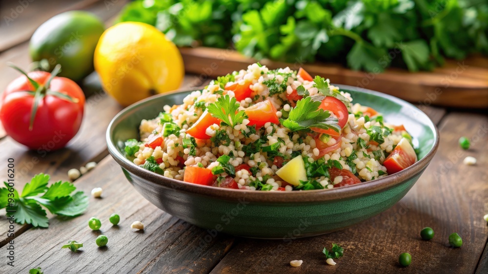 Tabouli salad with parsley and bulgur on background, tabbouleh Tabouli salad with parsley and bulgur on background, tabbouleh