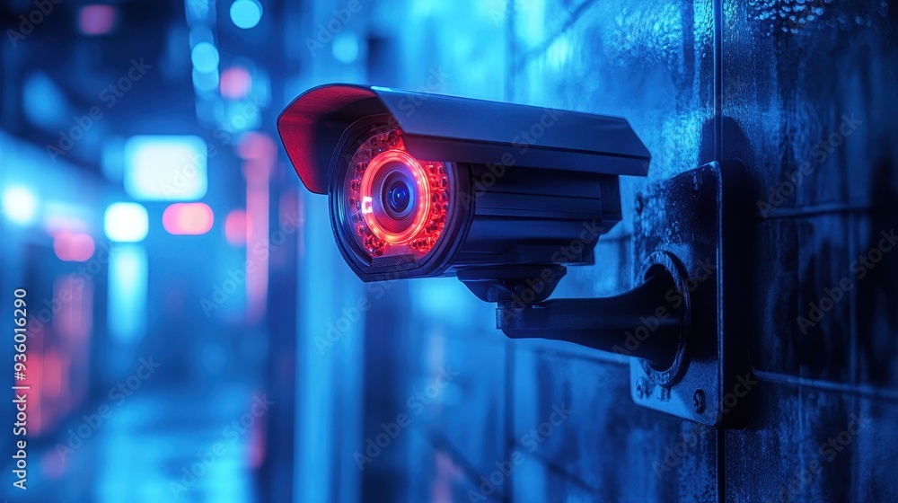 High-Tech Security Camera with Red LED Light in Modern Urban Setting at Night High-Tech Security Camera with Red LED Light in Modern Urban Setting at Night