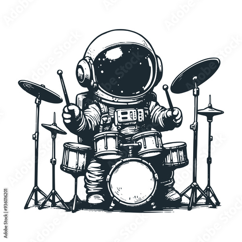 Cute astronaut playing a drums. Black white vector icon and logo illustration.