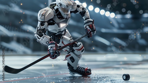 Robot Hockey Player Shooting Puck: A robot hockey player taking a powerful shot, aiming for the goal. 