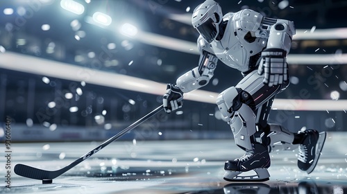 Robot Hockey Player Shooting Puck: A robot hockey player taking a powerful shot, aiming for the goal.
