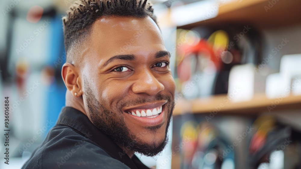 Smiling African American Man with Short Hair in a Workplace Environment. Concept of positive attitude, professional setting, modern workspace, male confidence Smiling African American Man with Short Hair in a Workplace Environment. Concept of positive attitude, professional setting, modern workspace, male confidence