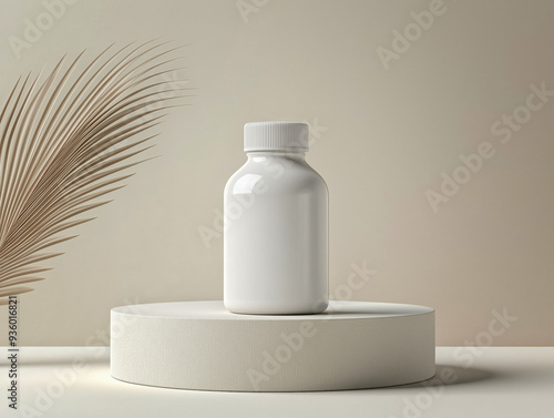 Mockup Of A Plain White Medicine Bottle Neatly Placed On A Podium On A Background photo