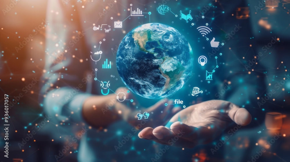 In a modern office setting, a confident businessman presents a dynamic array of digital icons hovering above a globe, symbolizing innovation and connectivity in the business world In a modern office setting, a confident businessman presents a dynamic array of digital icons hovering above a globe, symbolizing innovation and connectivity in the business world