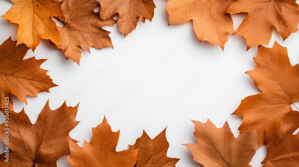 A colorful composition of autumn leaves and branches is carefully arranged on a white background, providing ample space for creative designs and seasonal branding A colorful composition of autumn leaves and branches is carefully arranged on a white background, providing ample space for creative designs and seasonal branding