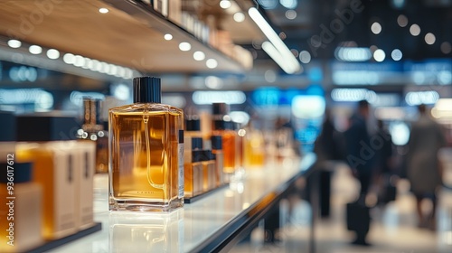 Captivating view of a duty-free shop inside an airport, with premium perfume bottles displayed on a sleek counter under soft lighting, blurred background of passengers walking by, and a clear focus