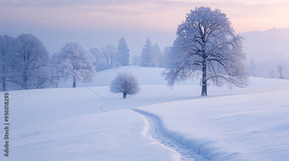 Serene Winter Landscape with Snow-Covered Meadow and Frosty Trees at Sunrise in a Misty Valley. Concept of Winter Calm, Natural Beauty, Seasonal Scenery, Outdoor Tranquility Serene Winter Landscape with Snow-Covered Meadow and Frosty Trees at Sunrise in a Misty Valley. Concept of Winter Calm, Natural Beauty, Seasonal Scenery, Outdoor Tranquility