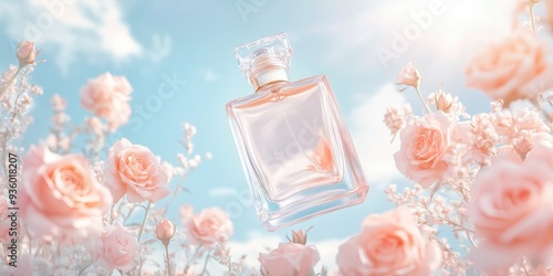 A glass translucent vintage fragrance bottle flying in the sky amongst a thicket of bushy delicate pink roses against a light blue sky. Perfume bottle mockup for banner, advertising poster photo