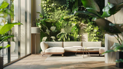 Elegant minimalist living room with indoor vertical garden, sunlight streaming through large windows, and modern furniture. Stylish interior space. Concept of sustainable, nature-inspired home decor