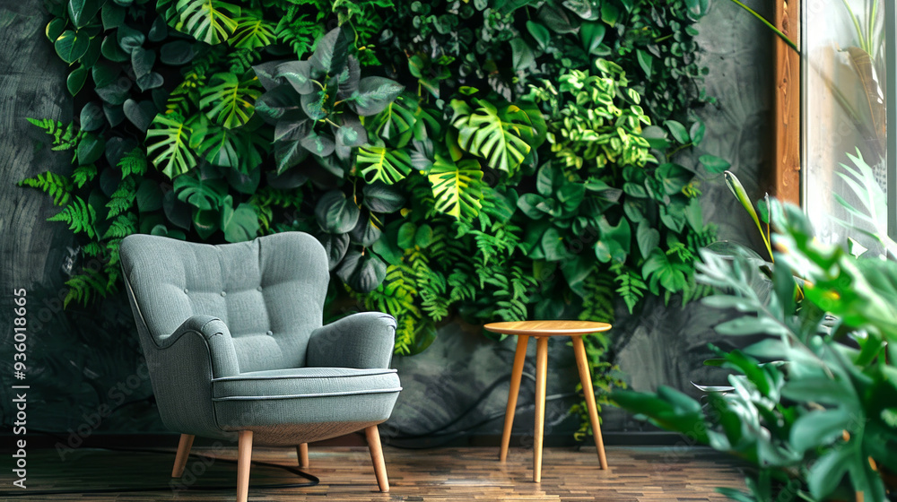Stylish minimalist interior with comfortable armchair and wooden side table set against lush green vertical garden. Concept of interior design, relaxation space, biophilic design, modern home decor Stylish minimalist interior with comfortable armchair and wooden side table set against lush green vertical garden. Concept of interior design, relaxation space, biophilic design, modern home decor