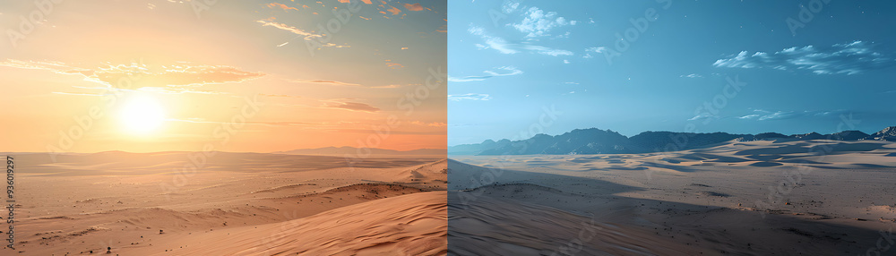 Day and Night Desert Timelapse: Surreal Desert Landscape with Dreamy Background for Text or Graphics, Symbolizing Timeless Beauty Day and Night Desert Timelapse: Surreal Desert Landscape with Dreamy Background for Text or Graphics, Symbolizing Timeless Beauty