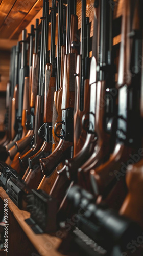 Organized gun rack featuring a diverse collection of firearms, rifles, accessories, and ammunition. Concept of weaponry, armory, firearm enthusiasts, military gear