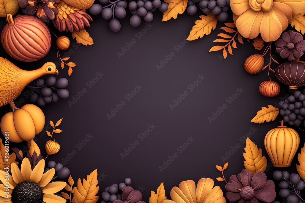 Dark purple autumn background with gold accents of pumpkins turkey and leaves framing empty space for text. Dark purple autumn background with gold accents of pumpkins turkey and leaves framing empty space for text.