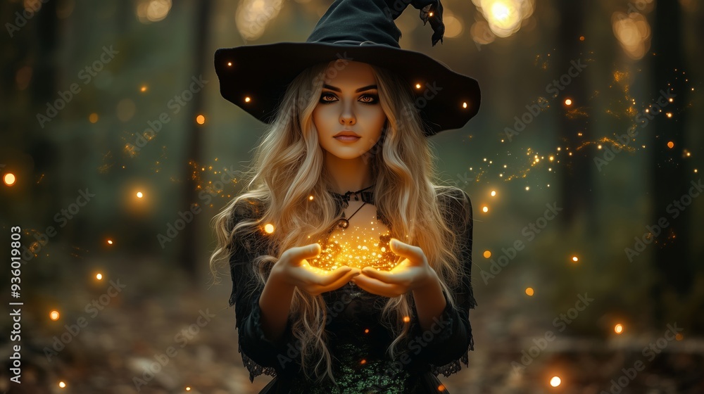 A beautiful witch casting glowing magic in the forest. A beautiful witch casting glowing magic in the forest.