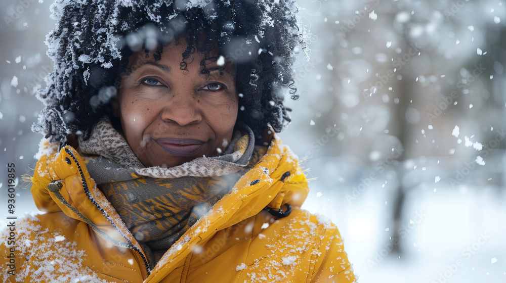 Middle aged African American woman in a yellow winter coat enjoying snowy weather. Concept of winter fashion, outdoor activities, snow days, and seasonal beauty Middle aged African American woman in a yellow winter coat enjoying snowy weather. Concept of winter fashion, outdoor activities, snow days, and seasonal beauty