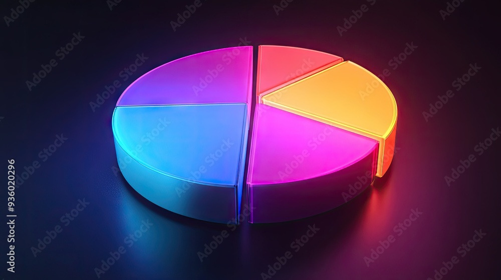 Glowing 3D financial pie chart with radiant segments in various vibrant colors. Glowing 3D financial pie chart with radiant segments in various vibrant colors.