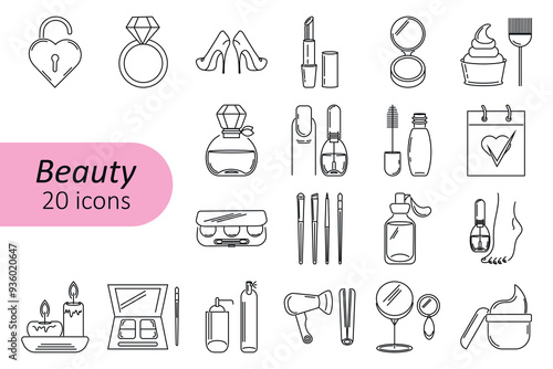 A set of linear icons. A set of design elements for cosmetics, skin, hair and face care products, and accessories. Vector.