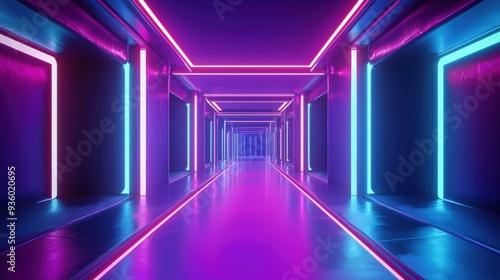 A vibrant corridor lit with neon lights in purple and blue, creating a futuristic and dramatic atmosphere perfect for visual art.