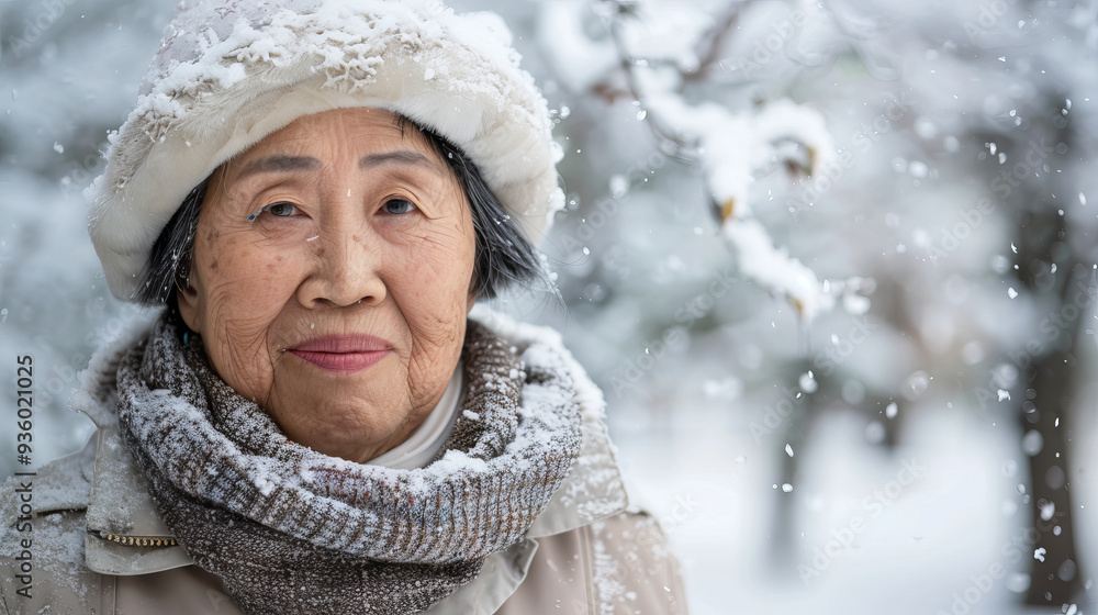 Elderly Asian Woman in Warm Winter Coat Standing in Snowfall. Concept of Cold Weather, Elderly Care, Winter Fashion, Seasonal Outdoors Elderly Asian Woman in Warm Winter Coat Standing in Snowfall. Concept of Cold Weather, Elderly Care, Winter Fashion, Seasonal Outdoors