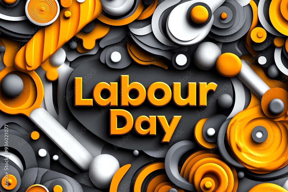An abstract Labour Day banner featuring overlapping geometric shapes in industrial colors like grey and orange, with An abstract Labour Day banner featuring overlapping geometric shapes in industrial colors like grey and orange, with